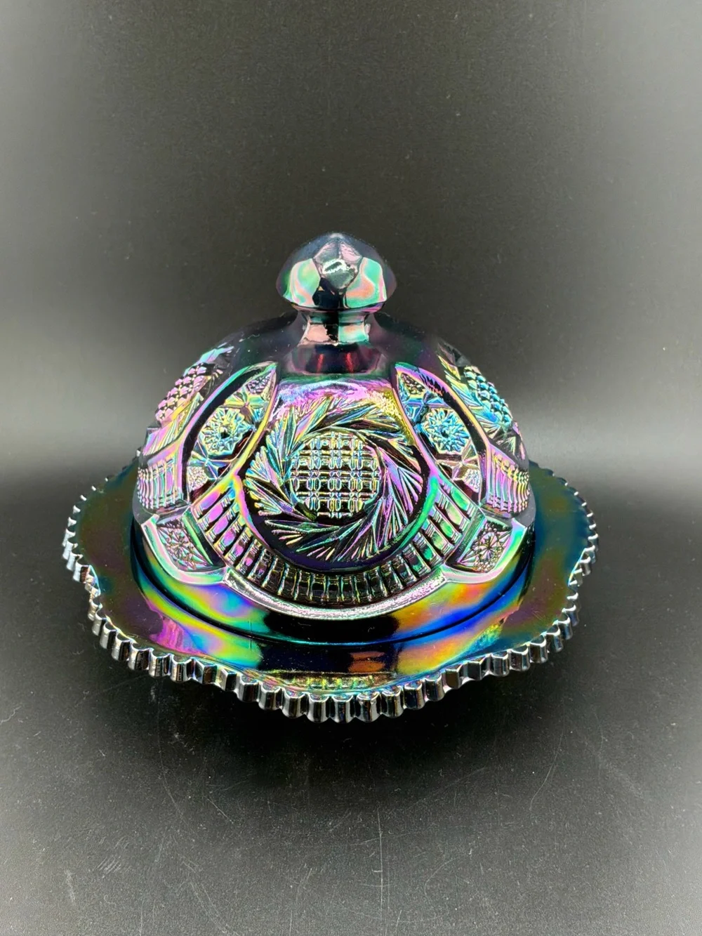 L.E Smith Carnival Glass Covered Butter Dish - Rainbow Finish